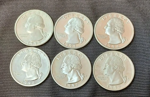 Lot Of 6 Washington 90% Silver Proof Quarters: 1992, 1993, 1994, 1996, 1997 (2)