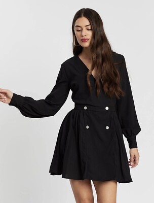missguided black skater dress Missguided Pleated Skater Long Balloon Sleeve Mini Dress in Black Size 0 V  Neck