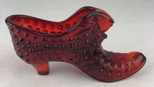 Fenton Art Glass Ruby Red Hobnail Cat Head Slipper Shoe Vintage Figurine