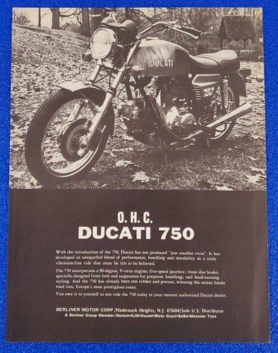 1973 DUCATI 750 VINTAGE MOTORCYCLE ORIGINAL PRINT AD 90 DEGREE V-TWIN ENGINE