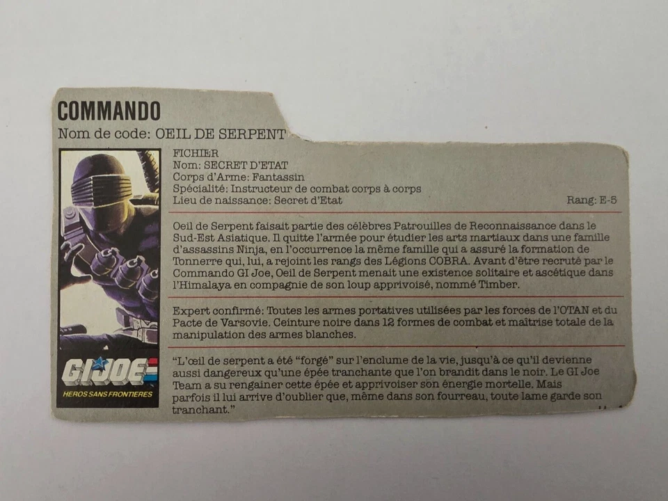 1985 GI Joe Snake Eyes / Œil de serpent file card - Photo 1/1