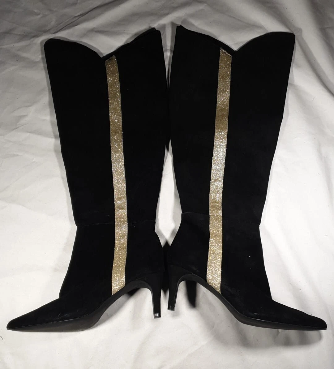 Women Knee High Boots Black Suede Gold Stripe Ladies Shoes
