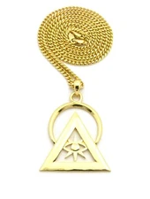 Gold Plated illuminati Pyramid Pendant & 24" Box, Cuban, Rope Chain Necklace