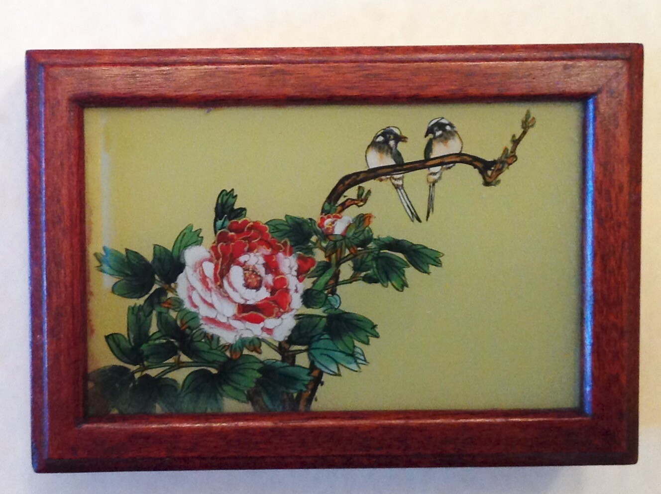 ~ Chinese Export Reverse Glass Hand Painted Wood Box - Birds  & Flowers