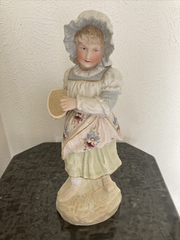 Vintage Girl w Basket Figurine Lg. 12”x4.75” Porcelain Gebruder Heubach Germany