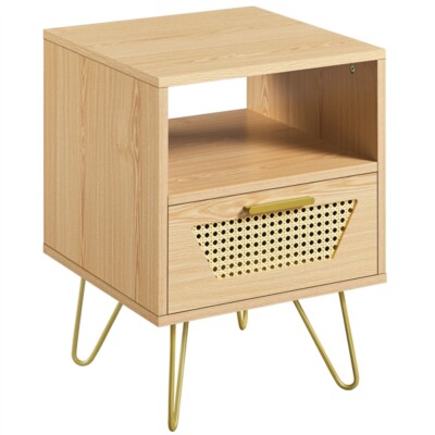 Nachttisch Beistelltisch Sofatisch Couchtisch mit 1 Schublade Rattan Metallbeine