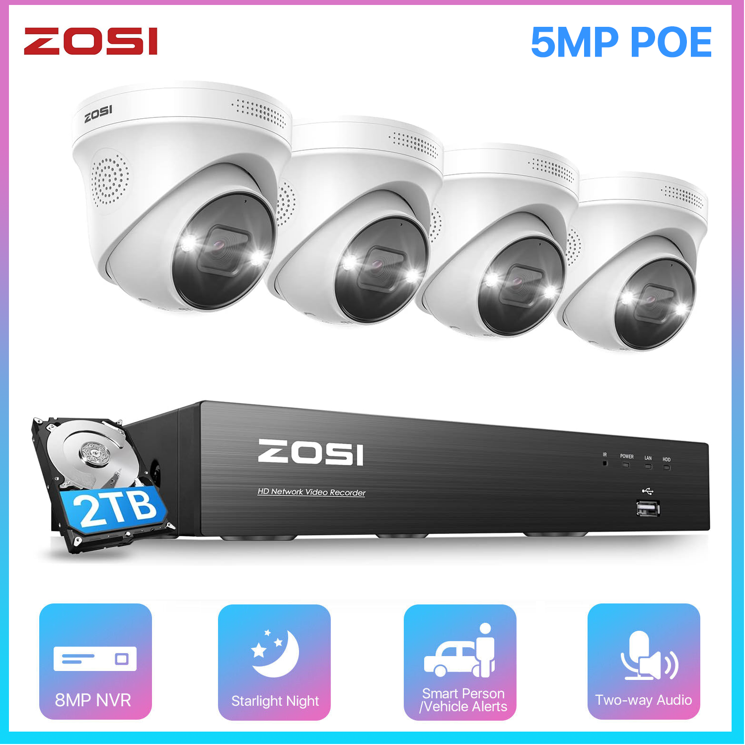Kit Caméra Surveillance ZOSI PoE 5MP - 8 Canaux NVR 2To + 4 Caméras 4MP, Neuf