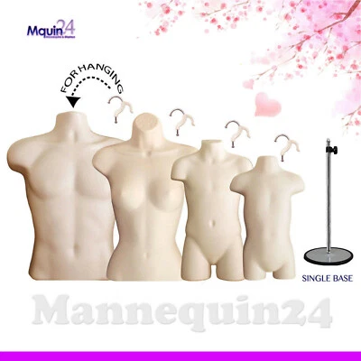 DISPLAYTOWN Set of Male Female Child Toddler Mannequin Torsos Flesh & 4 Hangers, 1 Stand