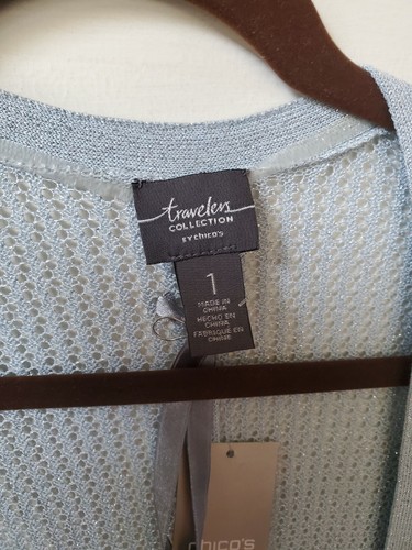 Cardigan aperto scintillante davanti nuovo con etichette $109 Chico’s Travelers Collection, Lt. Blue taglia M - Foto 9 di 10