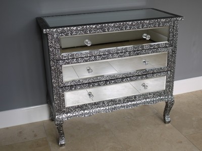 Mirrored And Embossed Metal Chest Of 3 Drawers 80 Cm Wide Ebay