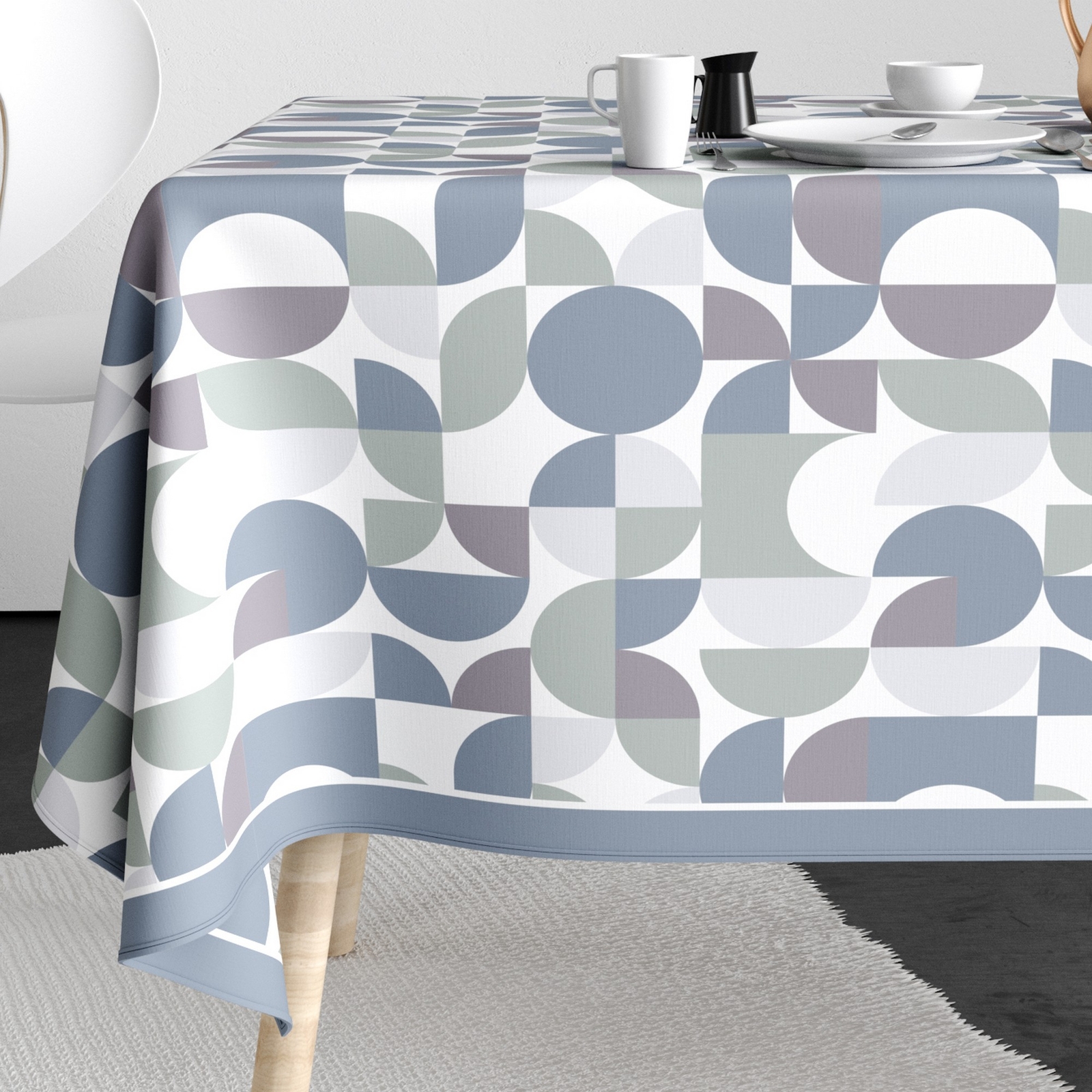 Nappe rectangulaire anti-tache coton 140x200 table cuisine bleue
