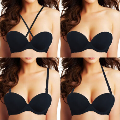 Sujetador sin tirantes soporte lateral media copa con aros sujetadores sexy de múltiples vías lencería negra - Imagen 6 de 42