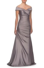 La Femme Off The Shoulder Ruched Satin Trumpet Gown SZ 12 11/6 10 - Metallic