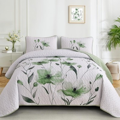 Mybedsoul Floral Quilt Set King Size 3 Pieces Sage Green Bedspread Coverlet Set