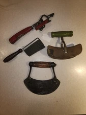 lot of 4 antique cooking utensils- choppers, mezzaluna, crinkle cutter, opener