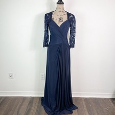 La Femme NWT Lace Sleeve Knot Detail Jersey Gown Dress Navy 23244 Size 6