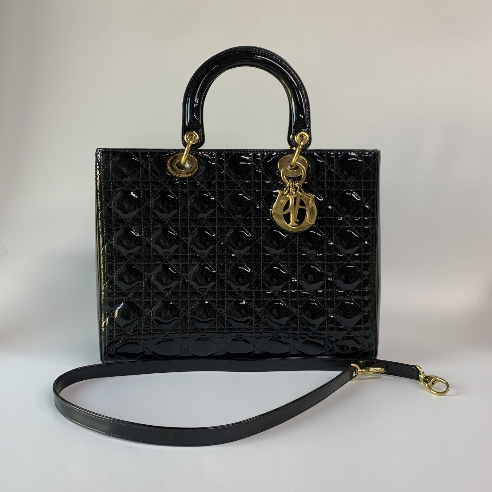 Dior Lady Dior Large 7 Cannage Black Patent Leather Gold Hardware Top Handle Bag