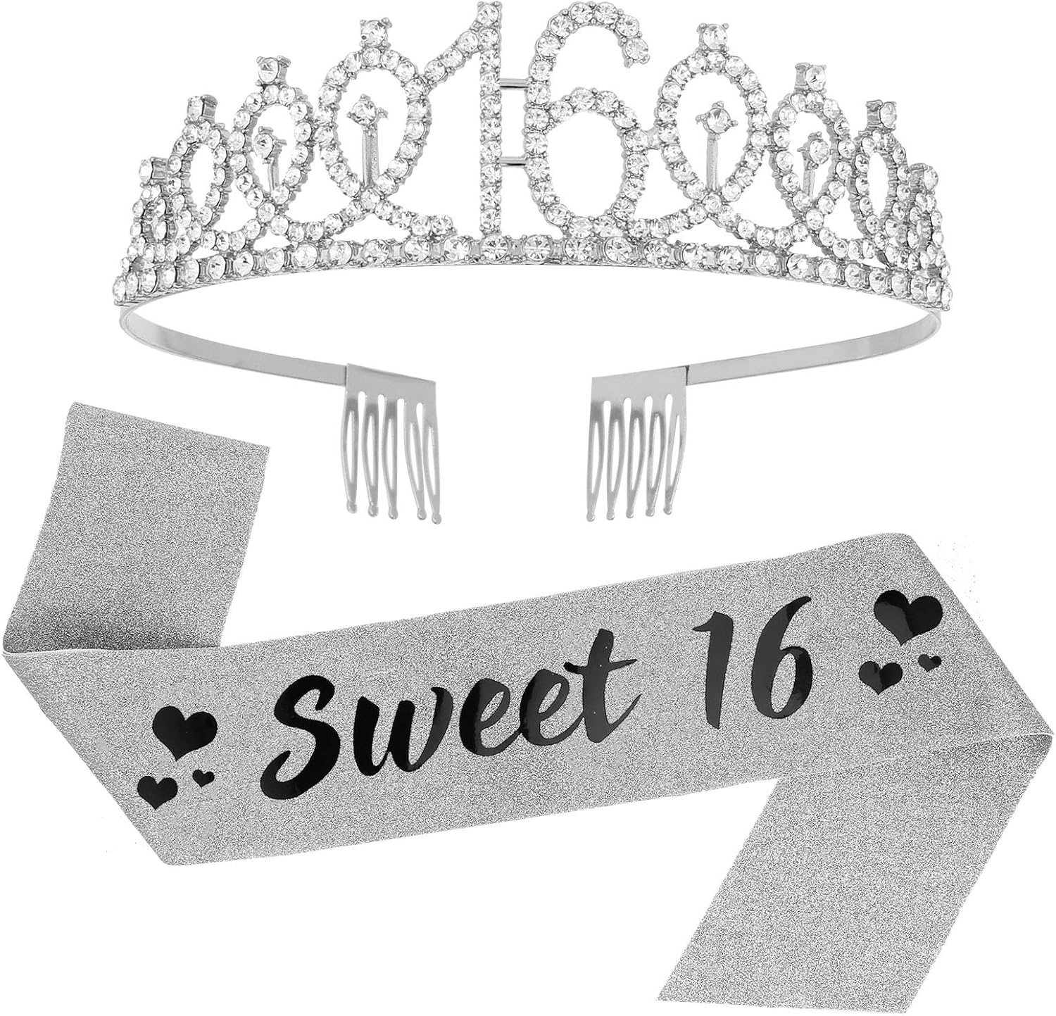 SUSSURRO ""Sweet 16 Sash and Rhinestone Tiara Set,16th Birthday Large, Silver