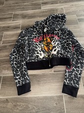 Women s Ed Hardy Devil Flame Graphic Zip Hoodie Black Marble Y2K Tattoo Style XL