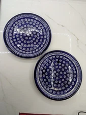 Boleslawiec Polish Pottery Cobalt Blue Swirl Pattern Dinner Plate 10.75" Set 2