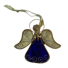 White Blue Gold Stained Glass Angel Sun Catcher Ornament 4.5  Holding Cross 3-D