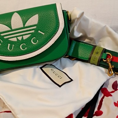 Gucci x Adidas Green & White Small Crossbody Bag Magnetic Closure Dust Bag