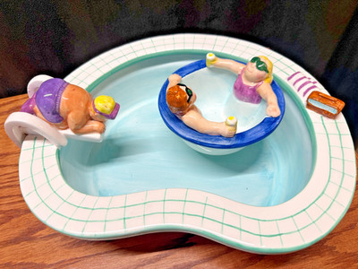 LOTUS 1995 Chip and Dip Bowl Swimming Pool Party Hot Tub Vintage Ceramic Set