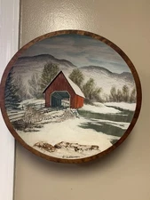 Winter Hand Painted Wooden Bowl 13" Barn Scene 3D Signed E-Burhstrom