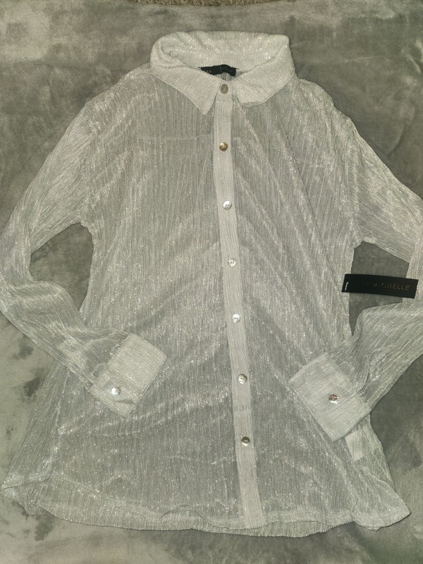 NEW Sara Michelle Womens Silver Sheer Long Sleeve Blouse - Large