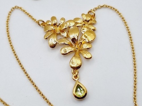 Alex Monroe Leafy Rosette Necklace with Green Peridot Teardrop Charm Gold Silver