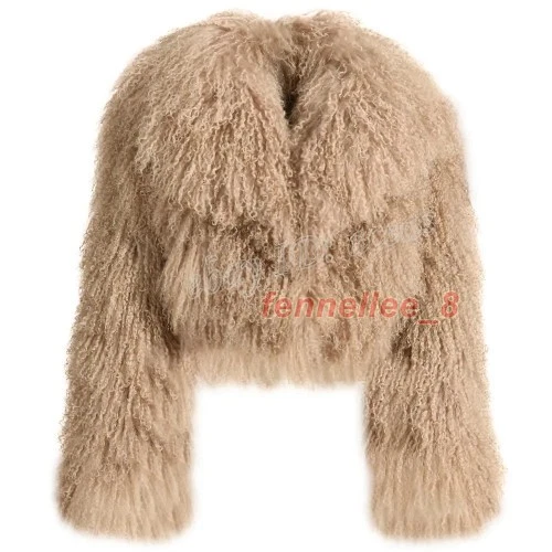 Women Real Mongolian Fur Coat Big Lapel Real Fur Warm Fluffy Short Jacket Casual - Image 3 of 4