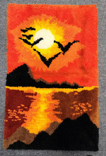 VTG 70's Retro Shag Latch Hook Rug Wall Art Sunset Birds Mountains MCM 41  x26  