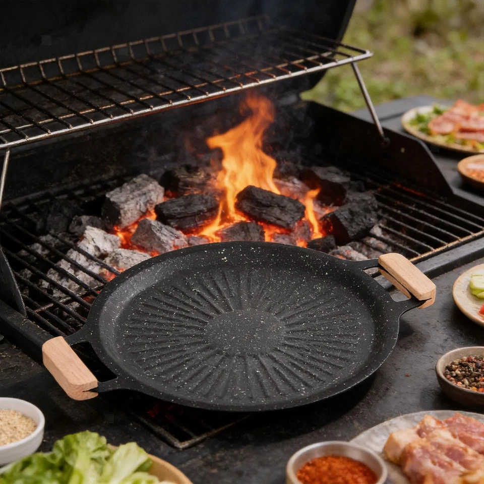 Grillpfanne, Kochgeschirr, Gusseisen, vielseitige runde tragbare Bratpfanne mit - Bild 1 von 1