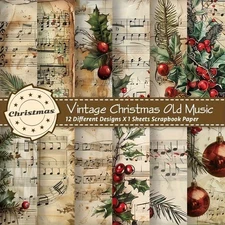 12 Pcs Vintage Christmas Music Note Scrapbook Paper Craft Sheets for Journaling
