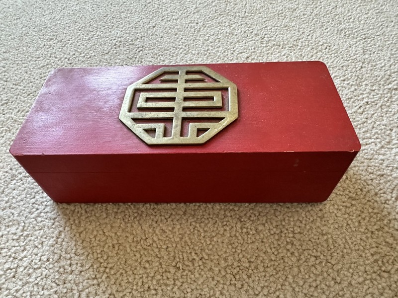 Vintage Wooden Hinged Asian Inspired Jewelry Box  10 1/2" w x 4 1/2" x 3 1/2" h