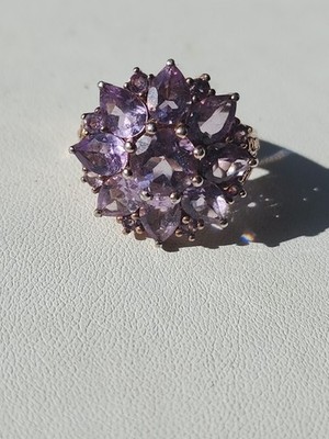 Sterling Silber Amethyst Blume Cluster Cocktail Ring 925 goldfarben Größe 6