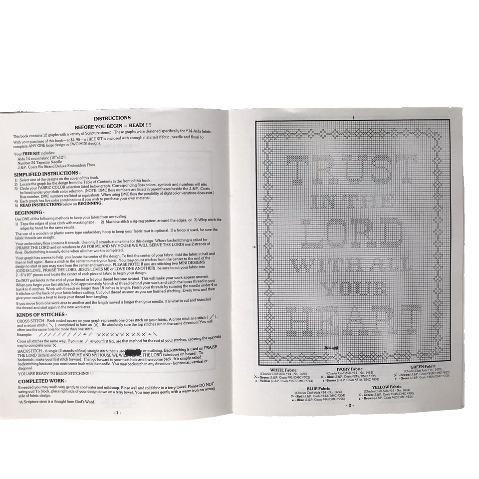 Cross Stitch Scripture Bible Verses Pattern Book 12 graphs 5 Floss Aida
