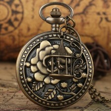 Bronze Style Hollow Flower Pattern Women Lady Quartz Pocket Watch Sweater Chain