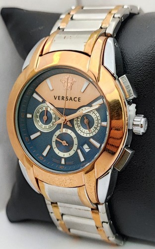 Luxury Versace Chronograph Men Blue Dial Stainless Steel Band Quartz Wristwatch - 第 3/8 張圖片