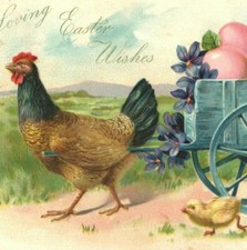 c.1908 Loving Easter Wishes Postcard Tuck s Hen Pulling Pink Eggs Cart Chick