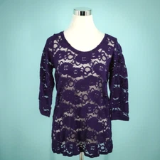 Ruby Ribbon Size Small S Purple Floral Lace Crew Scoop 3/4 Sleeve Cotton Top