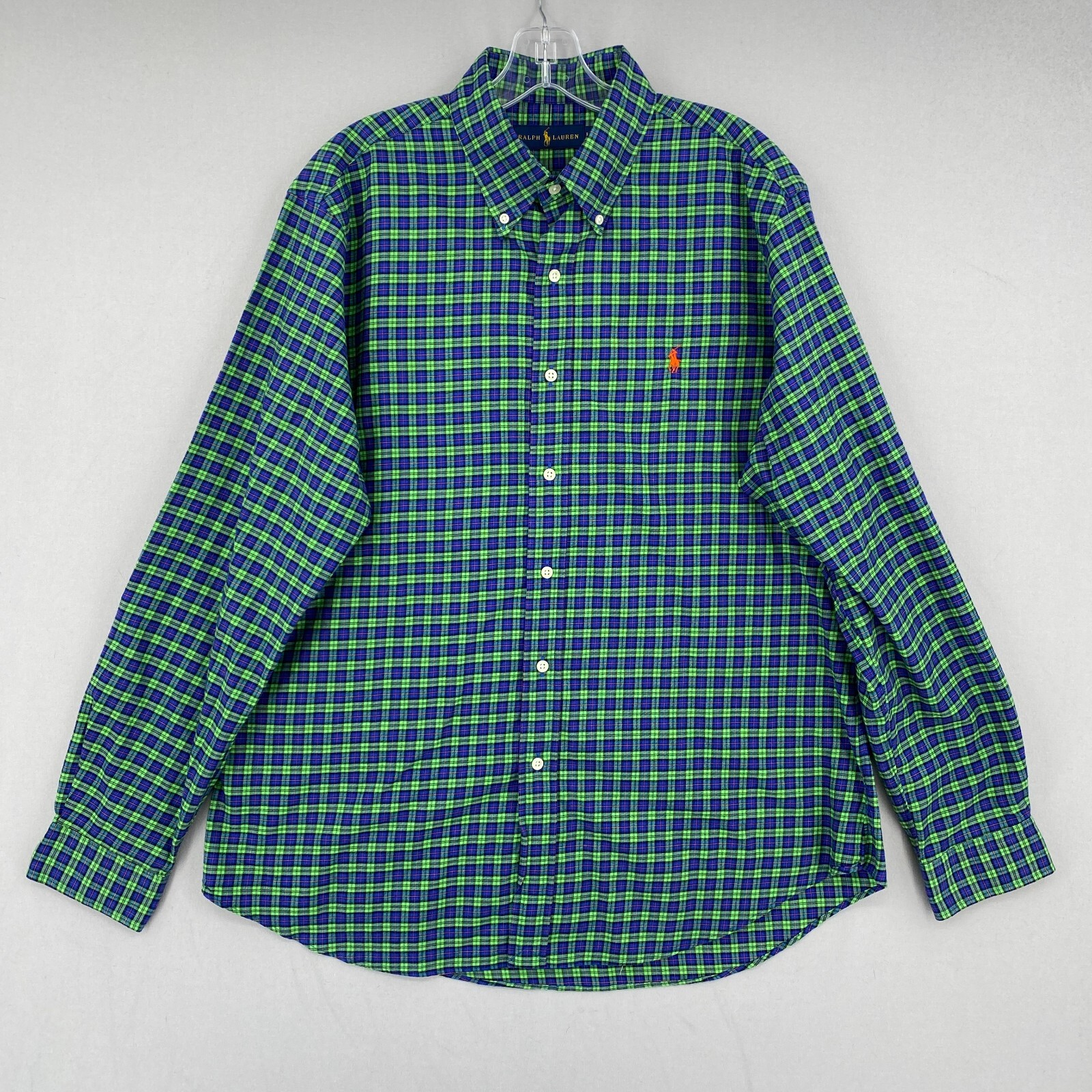 Polo Ralph Lauren Da Uomo Large Verde Quadri Arancione Spazzola Pony Twill