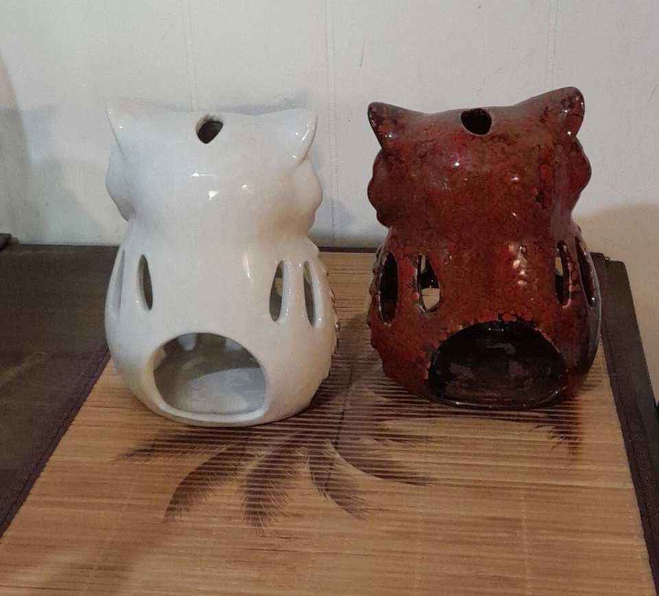 Juego de 2 candelabros votivos de luz de té de cerámica Owl Luminary de 7" marrón 1 blanco Foto 2 de 4