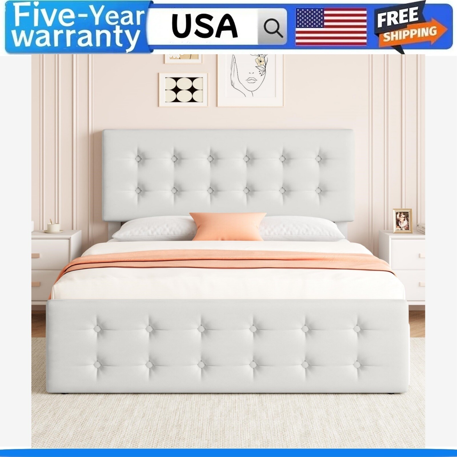 Queen Size Bed Frame with 4 Storage Drawers and Headboard Upholstered Platform