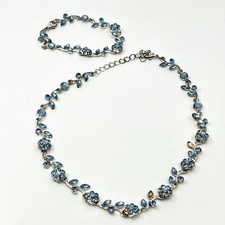 Vintage Silver Tone Y2K Blue Crystal Floral Choker Necklace & Bracelet Set Boho