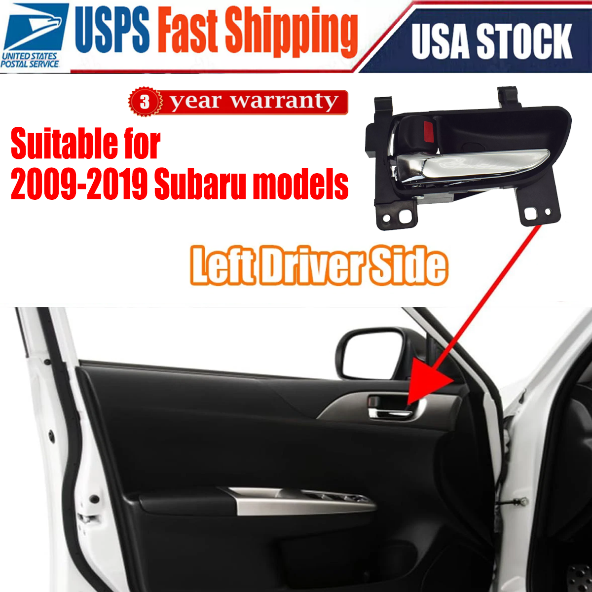 Inner Interior Inside Door Handle, Black Housing Chrome Lever - Left Driver Side