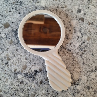 Vintage Este Lauder Mini Swirled Handled Hand Purse Mirror Cream Plastic