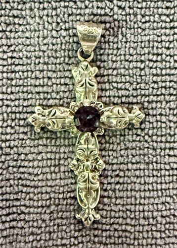 ⁠Taxco Sterling Silver Amethyst Cross Pendant 925 VRC Ornate Fleur De Lis 10.16g