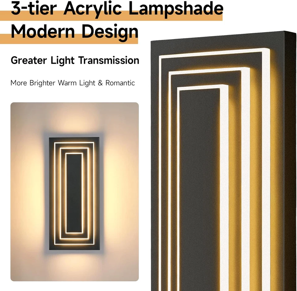 3-Tier 15.7 in Outdoor Light Fixture Black Exterior Wall Light LED Modern Wall S - Image 2 of 4