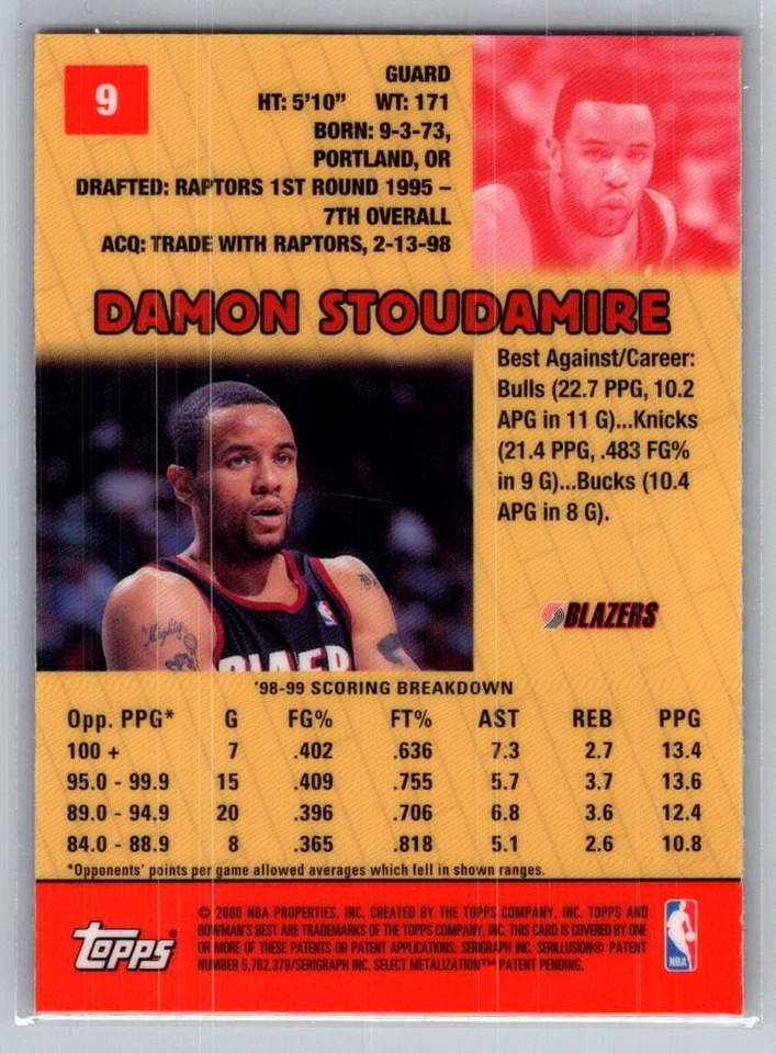 1999-00 Bowman's Best Basketball #9 Damon Stoudamire - VG - Trail Blazers - Image 2 of 2